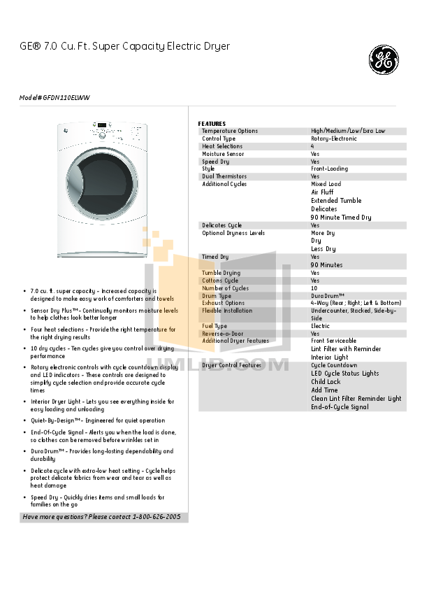 Download free pdf for GE GFDN110EL Dryer manual